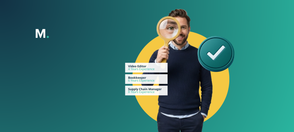 Graphic showing a candidate under review with a magnifying glass, verified checkmark, and role experience cards.