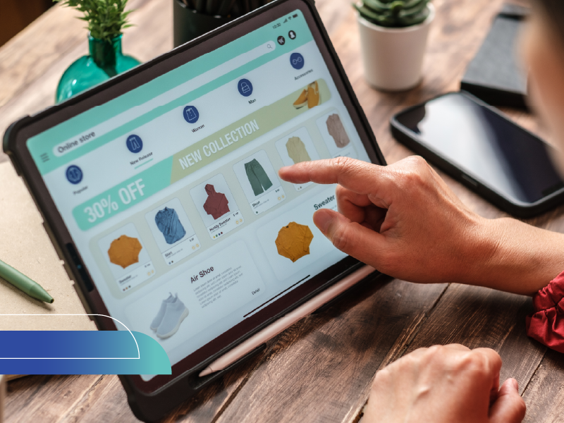 User navigating an e-commerce dashboard on a tablet, selecting products in an online shop.