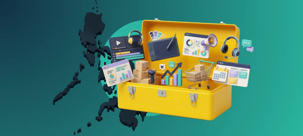 Open yellow toolbox of icons representing offshore roles for DTC brands, set over a map of the Philippines.
