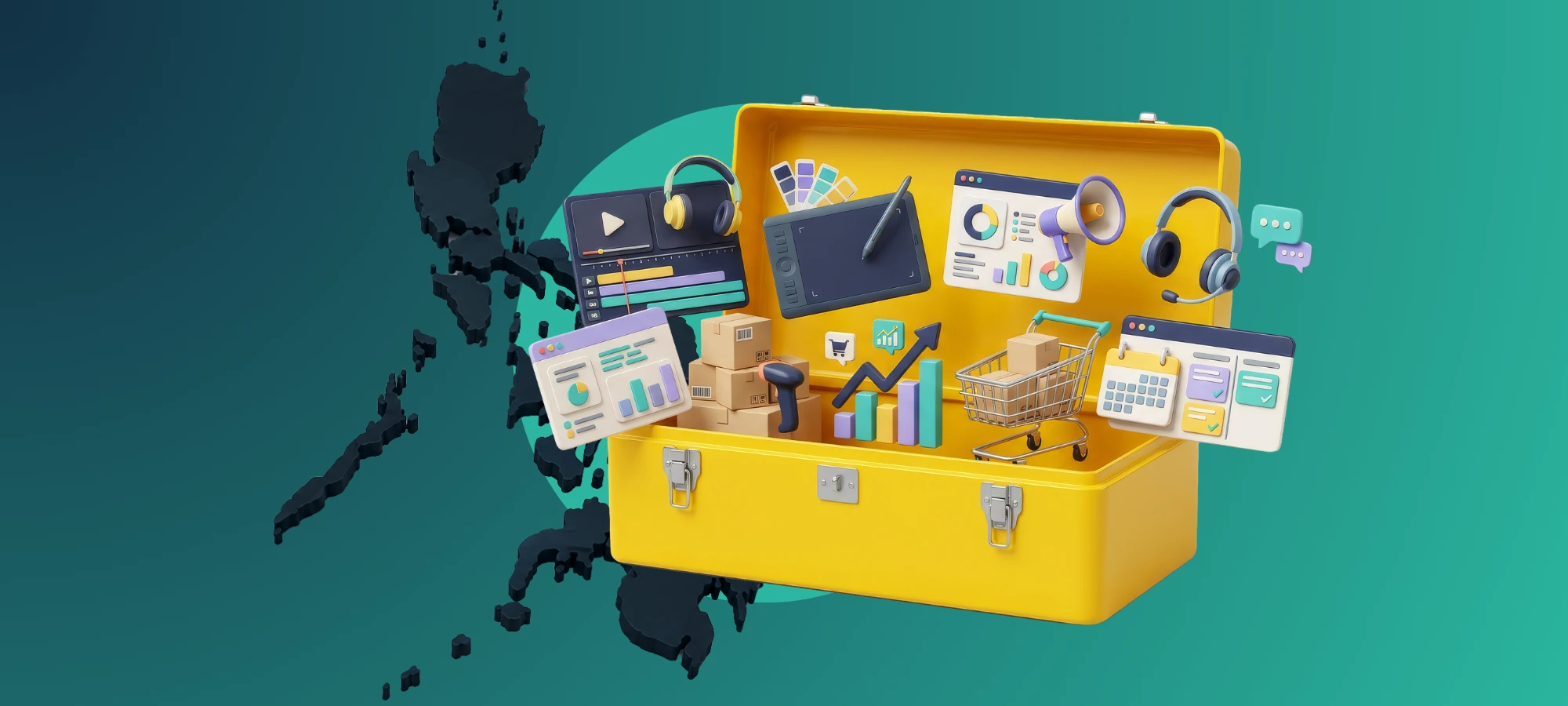 Open yellow toolbox of icons representing offshore roles for DTC brands, set over a map of the Philippines.