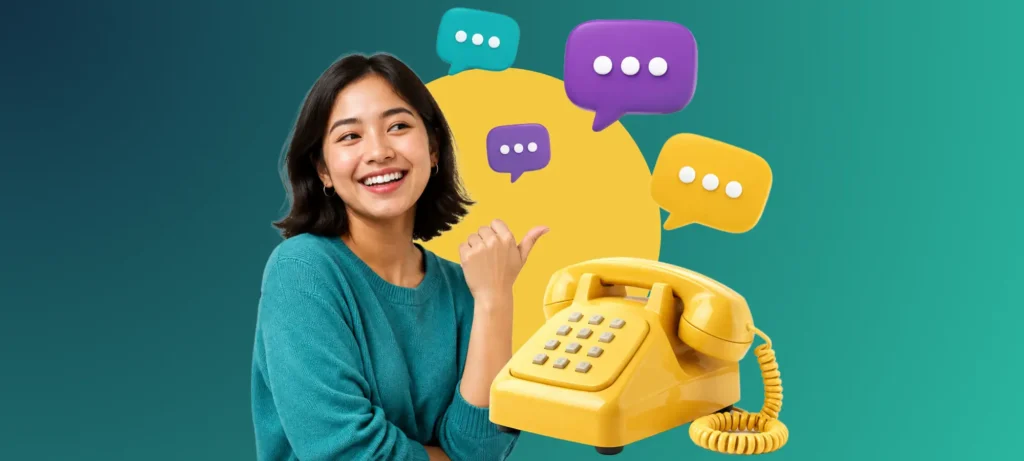 Filipina smiling beside chat bubbles and a telephone