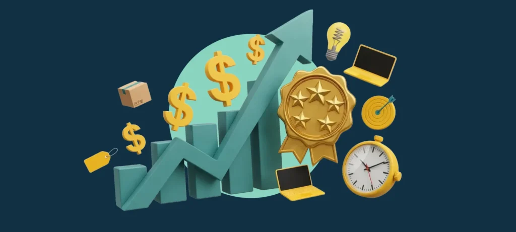 Illustration of a rising bar chart with dollar signs and a five-star badge, representing expert staffing savings.