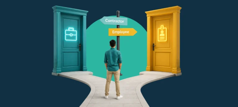 Man standing at a fork in the road facing two glowing doors labeled contractor and employee, representing the independent contractor vs. employee hiring decision