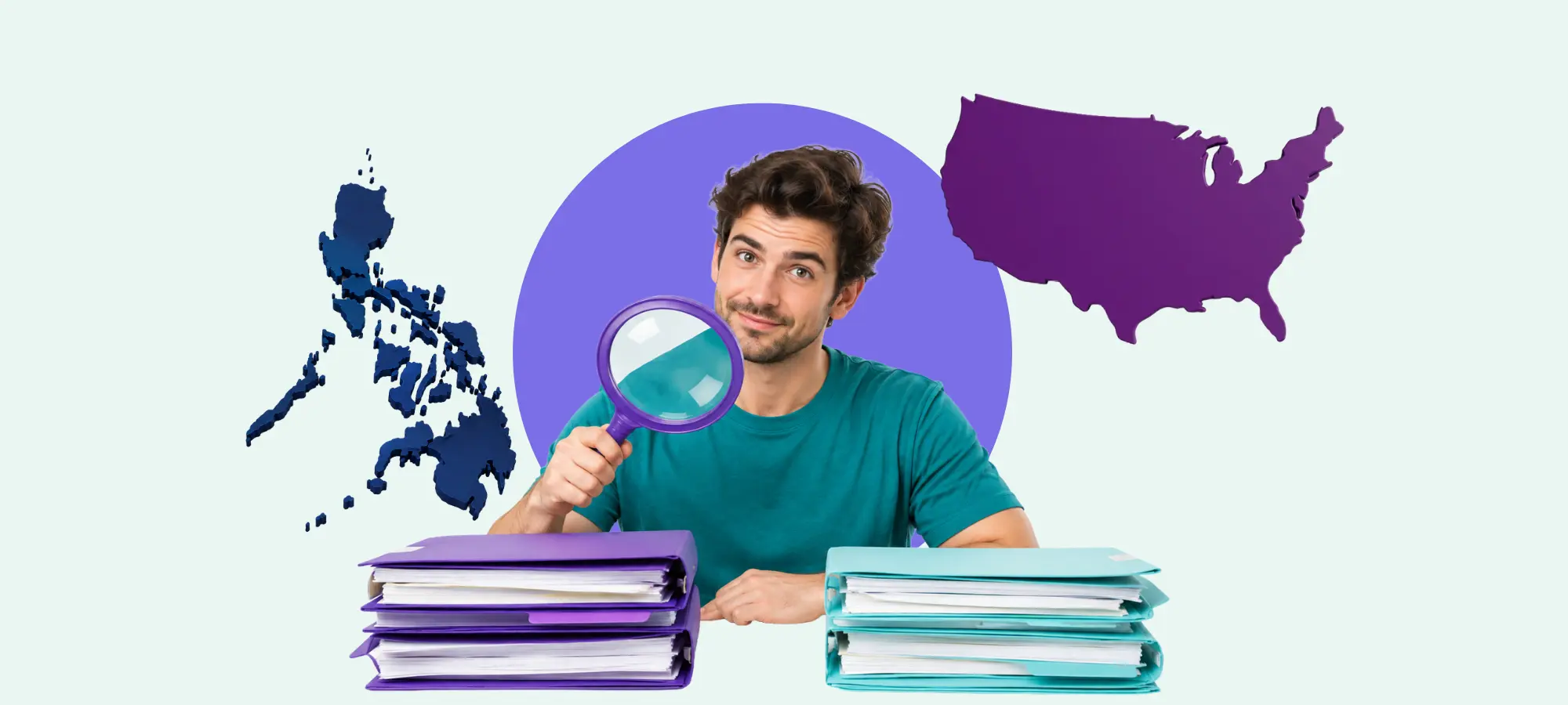 Man with magnifying lens and books comparing Philippines and US