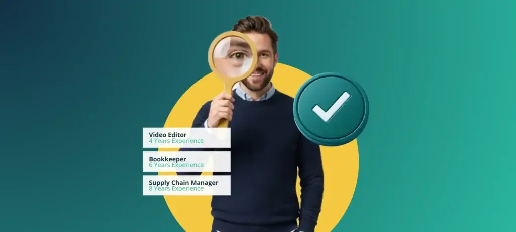 Graphic showing a candidate under review with a magnifying glass, verified checkmark, and role experience cards.