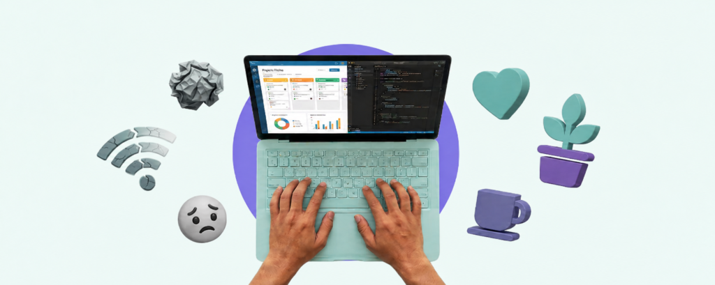 Laptop with remote work loneliness icons (weak wifi, stress) on the left and wellness icons (heart, plant, coffee) on the right
