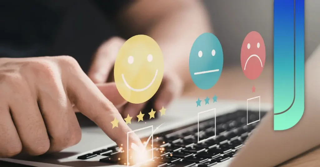 Digital feedback icons on a laptop representing remote work wellbeing and supporting remote workers