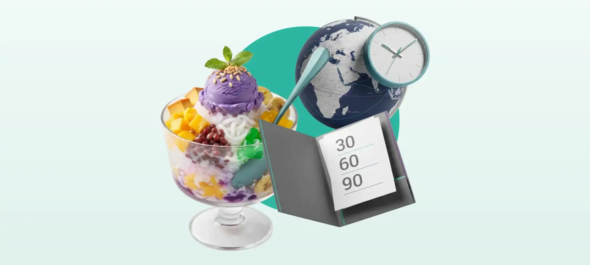 Halo halo, globe, clock, and 30 60 90 day plan representing Filipino remote talent, global teamwork, and structured onboarding