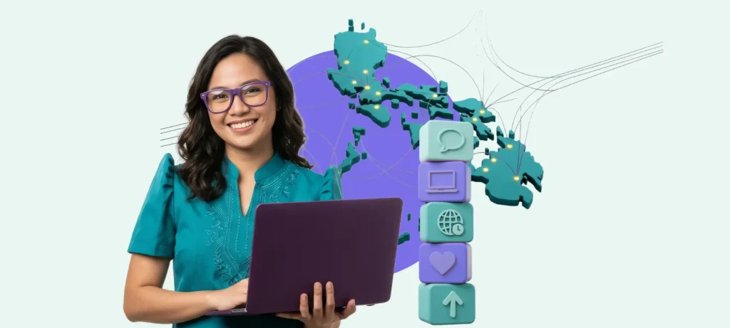 Filipino professional working remotely on a laptop with global connections