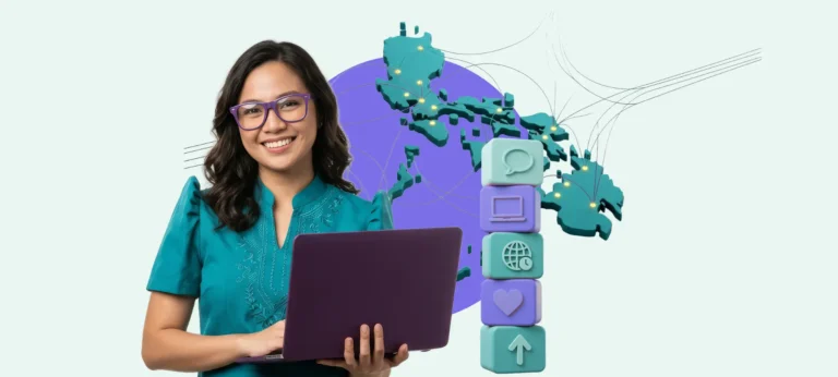 Filipino professional working remotely on a laptop with global connections