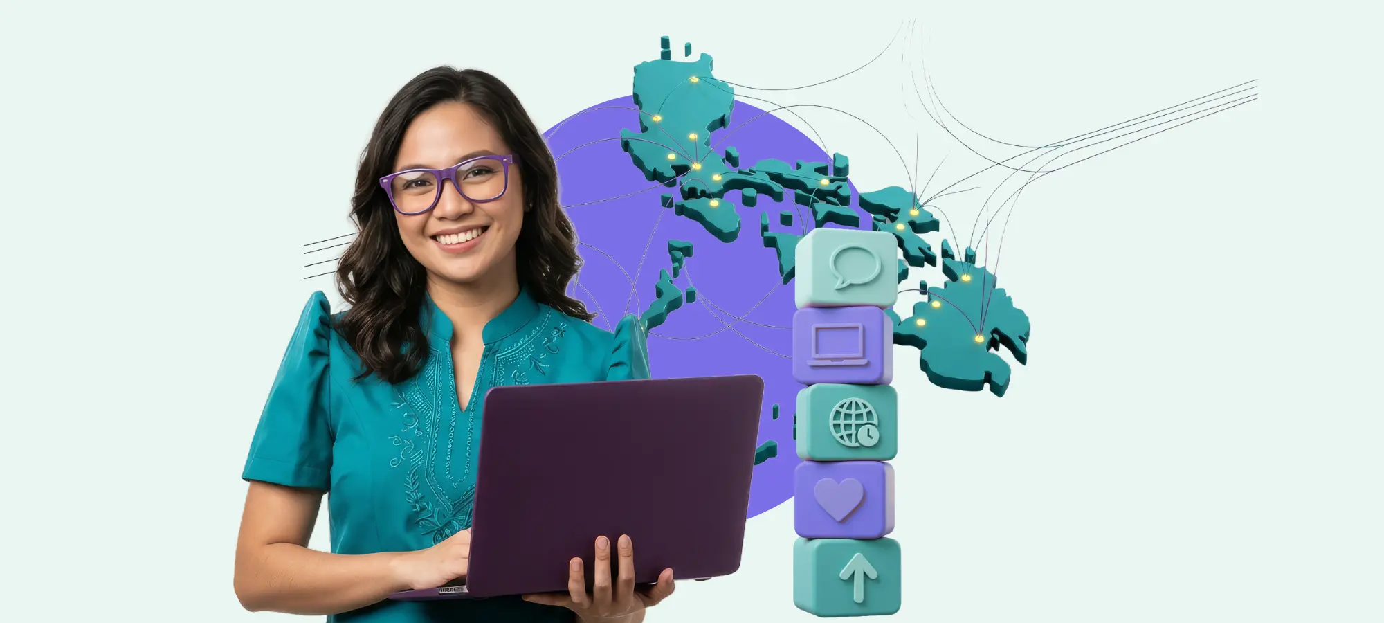 Filipino professional working remotely on a laptop with global connections