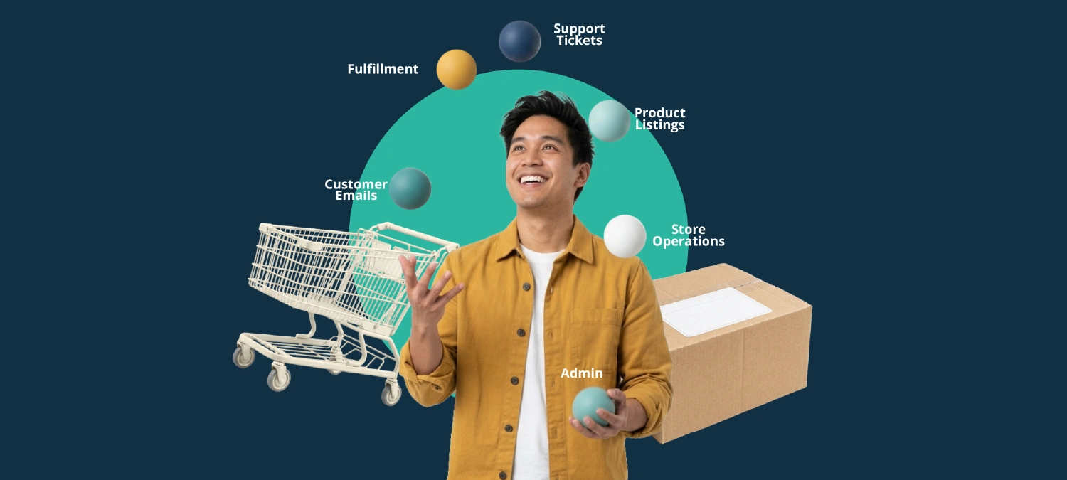 An ecommerce virtual assistant juggling tasks in the air