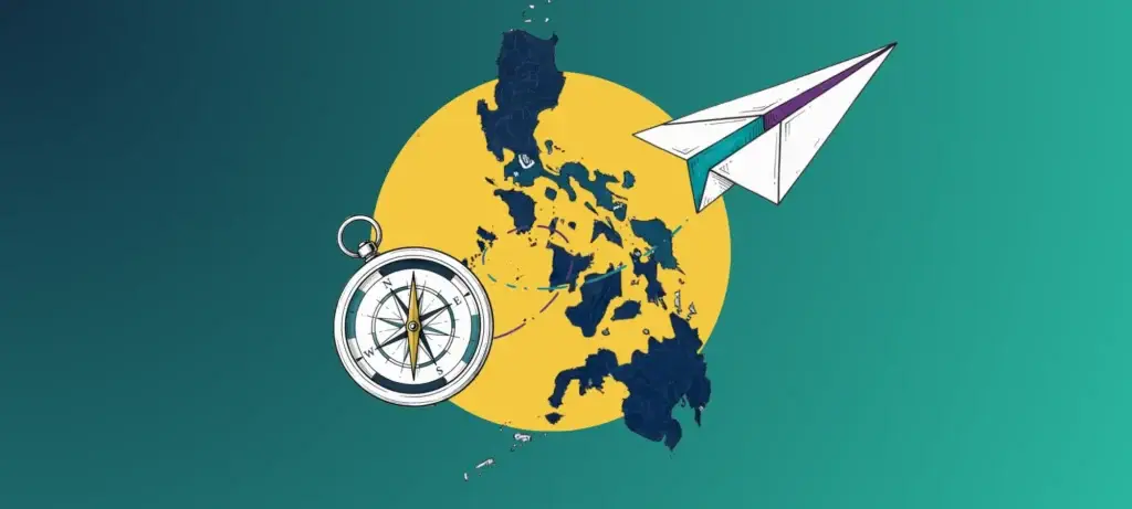 Map of the Philippines with a compass and paper airplane illustration.