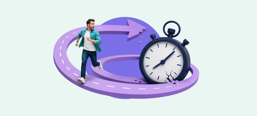 Man running along a broken purple road toward a cracked stopwatch, symbolizing the risks of rushed offshore hiring decisions