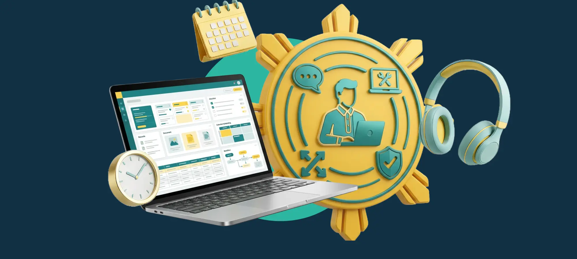 Remote work illustration with laptop, headset, calendar, clock, and communication icons representing high quality remote staff.