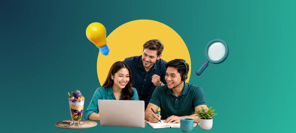 Three smiling remote team members collaborating around a laptop, illustrating how to motivate a remote team