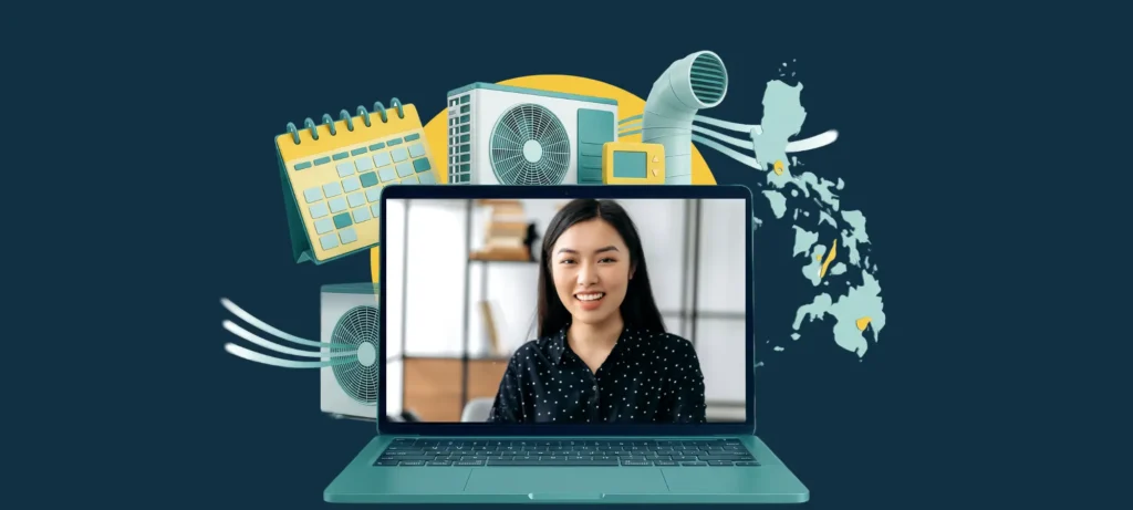 Filipino virtual assistant on a laptop screen surrounded by HVAC equipment, a dispatch calendar, and a map of the Philippines.