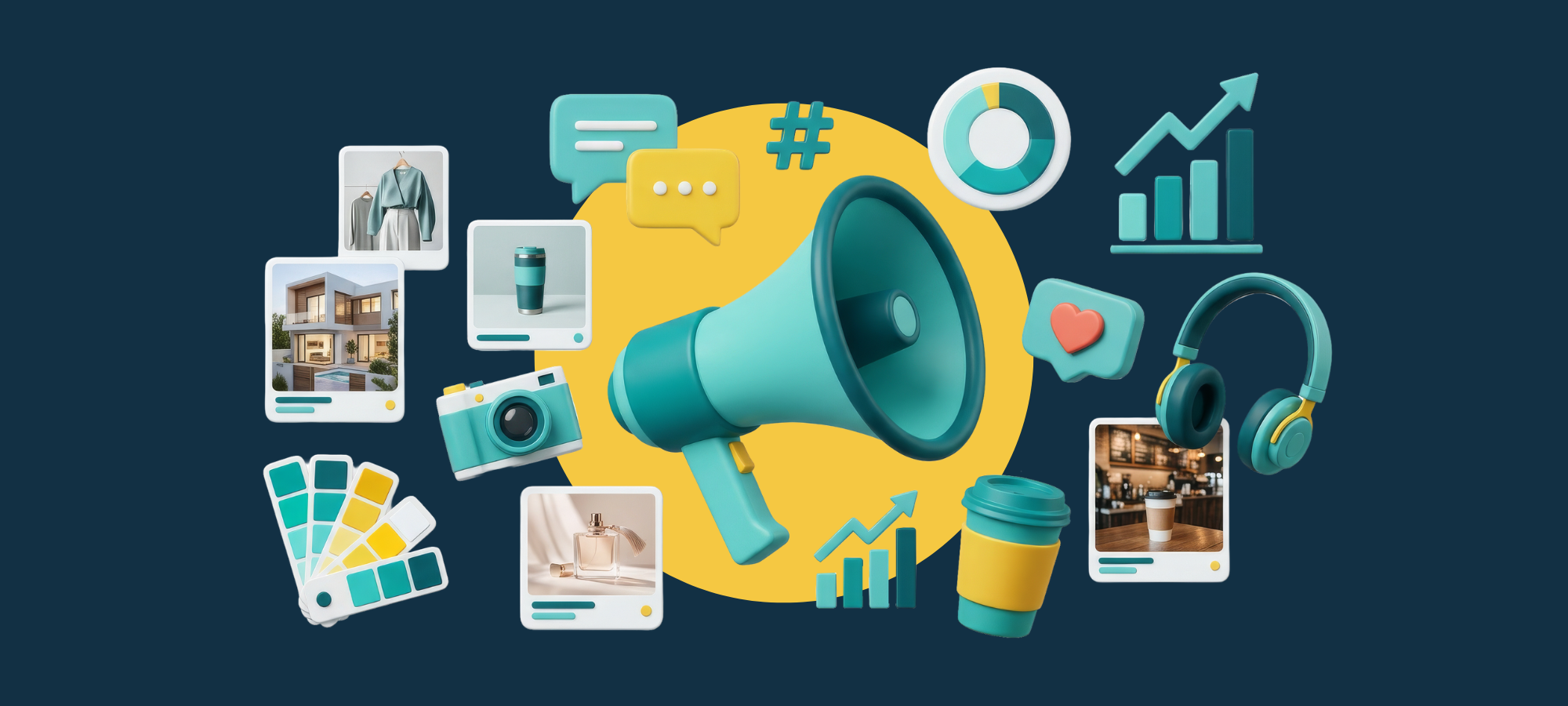 Modern marketing icons including a megaphone, social media posts, color swatches, camera, and growth charts representing agency creative services.