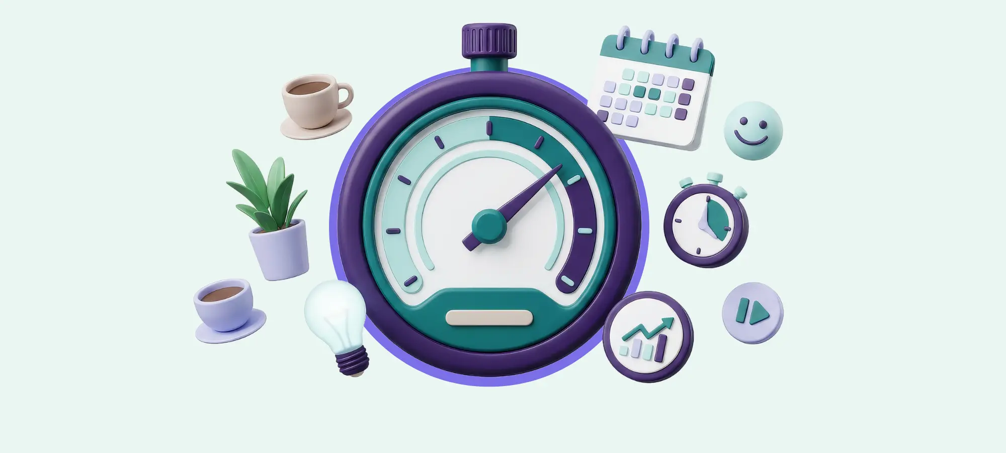 3D illustration of a stopwatch surrounded by calendar, growth chart, and coffee icons representing remote employee time tracking and productivity management.